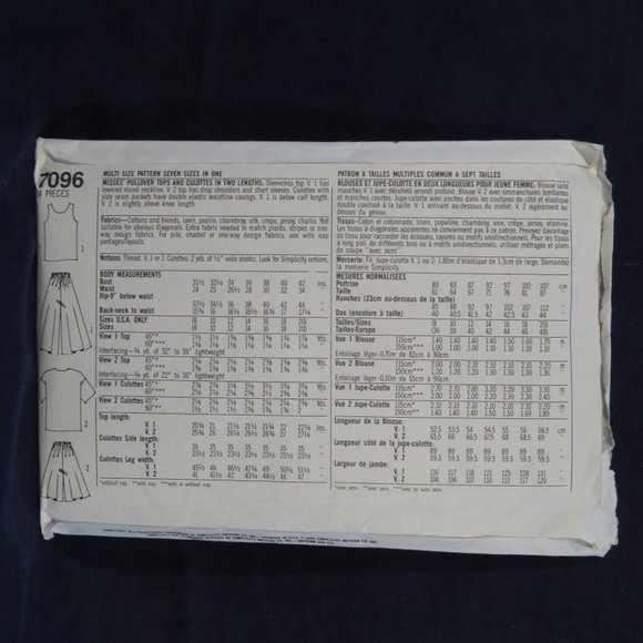SIMPLICITY 7096 Misses' TOP & Culottes Size 8-20 CUT (#932) - Picture 2 of 2